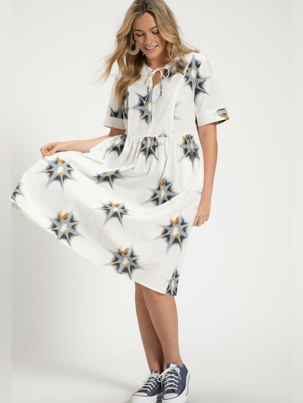 NWT Ulla Popken Pure Organic White Blue Sunburst Abstract Print Plus Dress 20/22